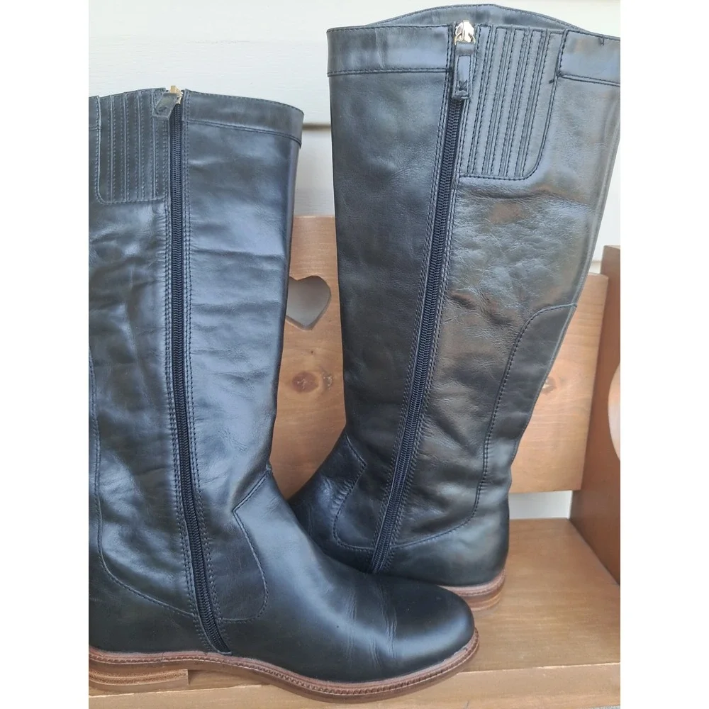 Kelsi Dagger Brooklyn Women's Black Leather Knee High Riding Boots 9 Zipper Flat